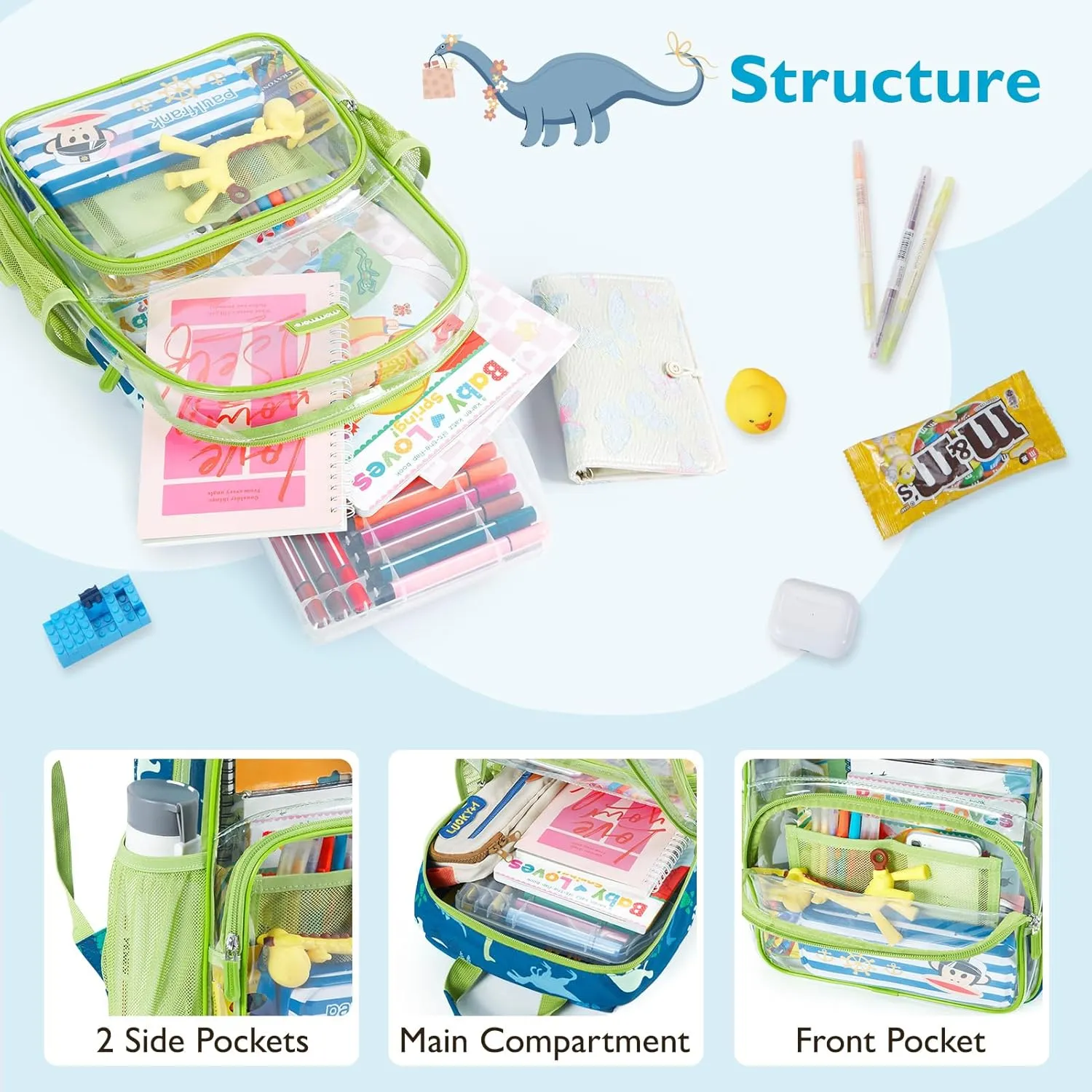 mommore Clear Backpack for Boys Kids Clear Bookbag for School Heavy Duty 15 Inch See Through Backpack Dinosaur Transparent Bag