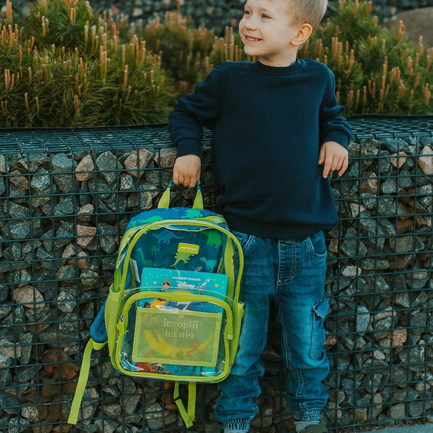 mommore Clear Backpack for Boys Kids Clear Bookbag for School Heavy Duty 15 Inch See Through Backpack Dinosaur Transparent Bag