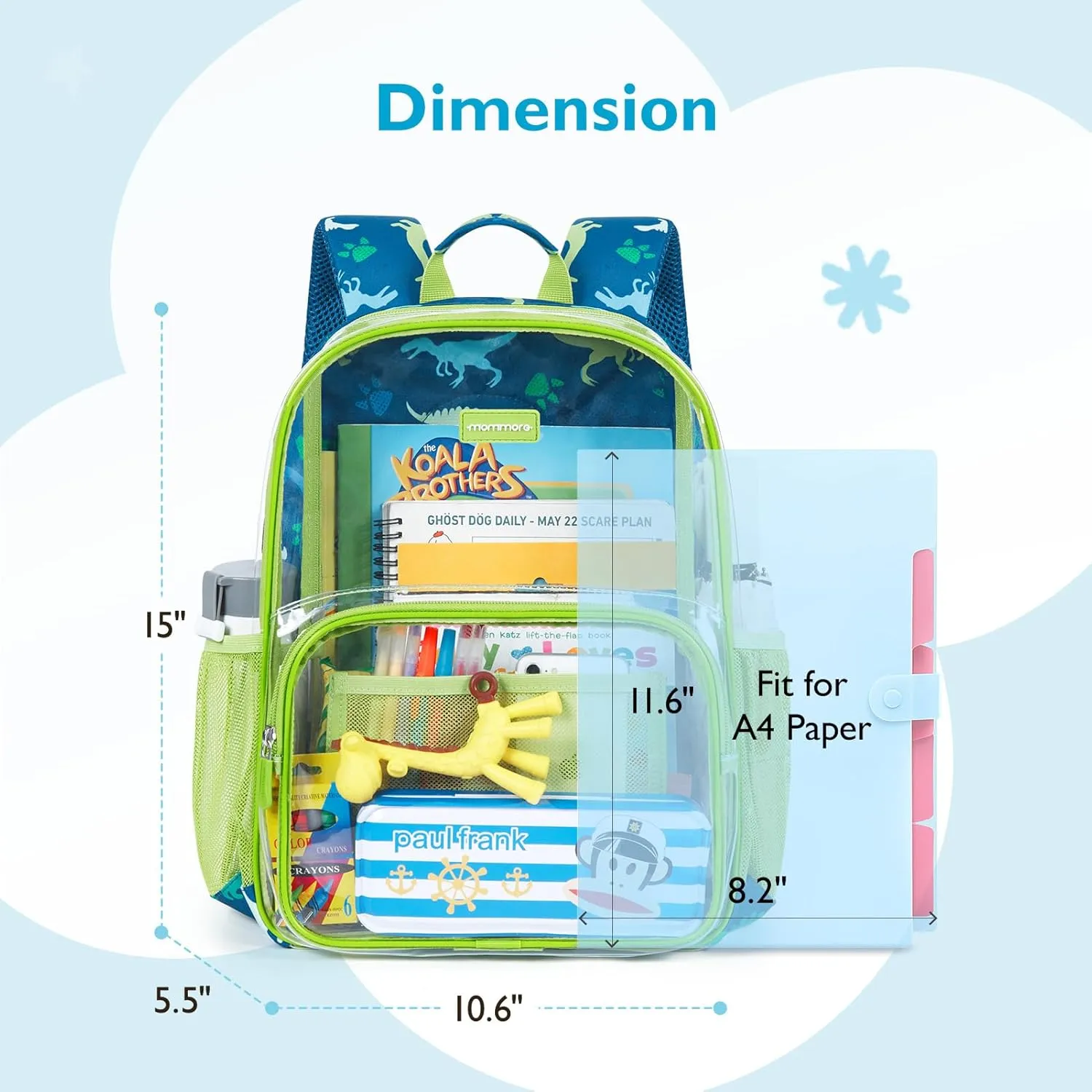 mommore Clear Backpack for Boys Kids Clear Bookbag for School Heavy Duty 15 Inch See Through Backpack Dinosaur Transparent Bag