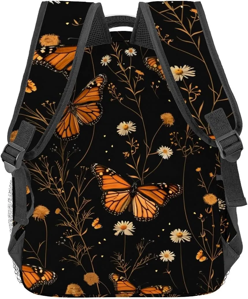 Monarch Butterfly Backpack,Elegant Floral Daisy Polyester Backpacks,Lightweight Double Shoulder Back Pack for Girls Women,Flower Black Bookbag,School Bag Gifts,Casual Travel Daypack Book Packs