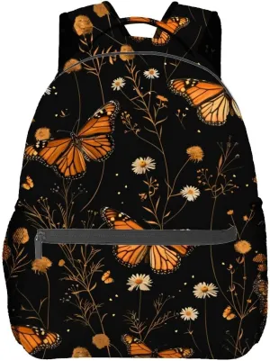 Monarch Butterfly Backpack,Elegant Floral Daisy Polyester Backpacks,Lightweight Double Shoulder Back Pack for Girls Women,Flower Black Bookbag,School Bag Gifts,Casual Travel Daypack Book Packs