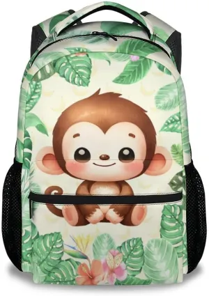 Monkey School Backpack for Boys - 17 Inch Green Backpacks for Kids 6-8 Years - Lightweight Cute Bookbag for Elementary