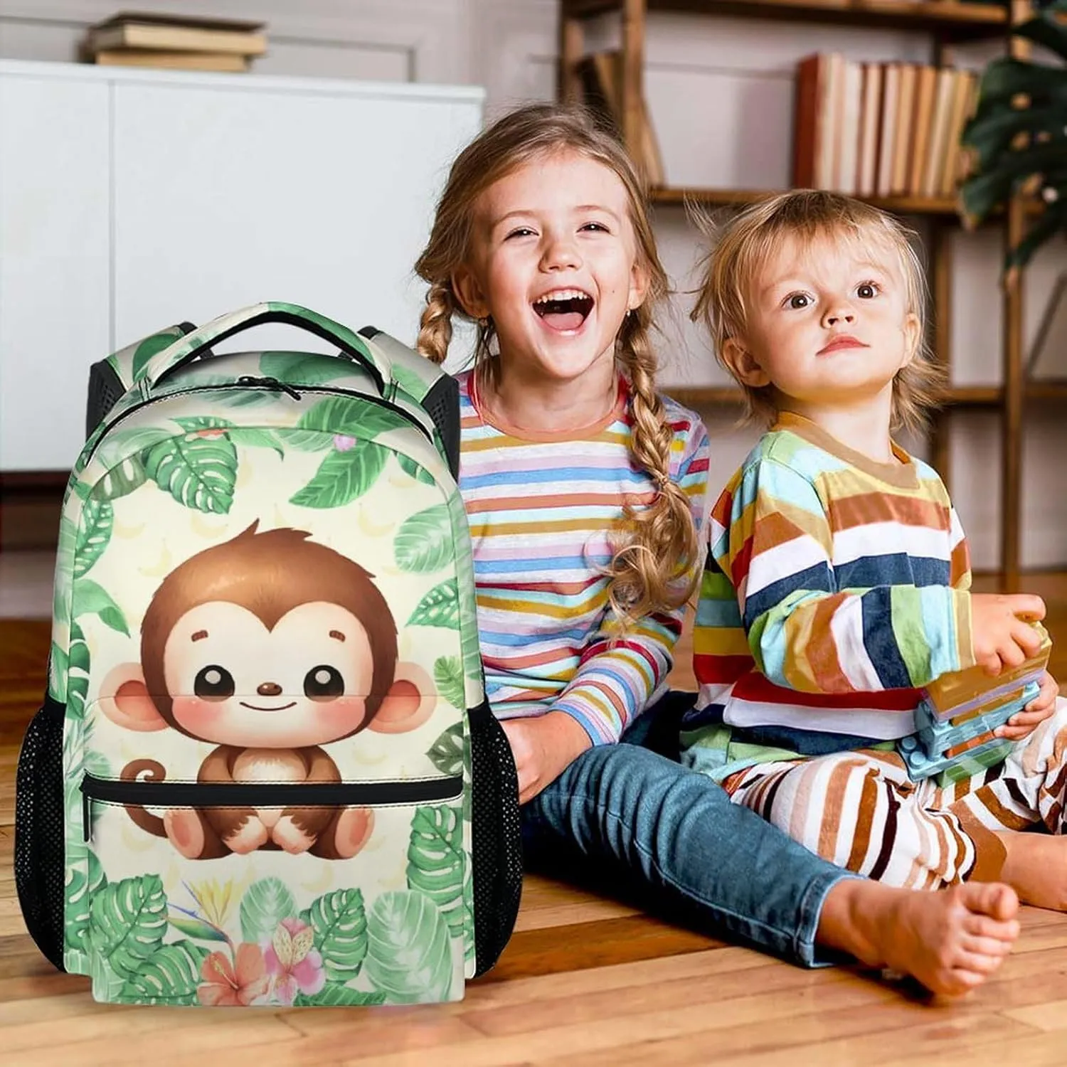 Monkey School Backpack for Boys - 17 Inch Green Backpacks for Kids 6-8 Years - Lightweight Cute Bookbag for Elementary