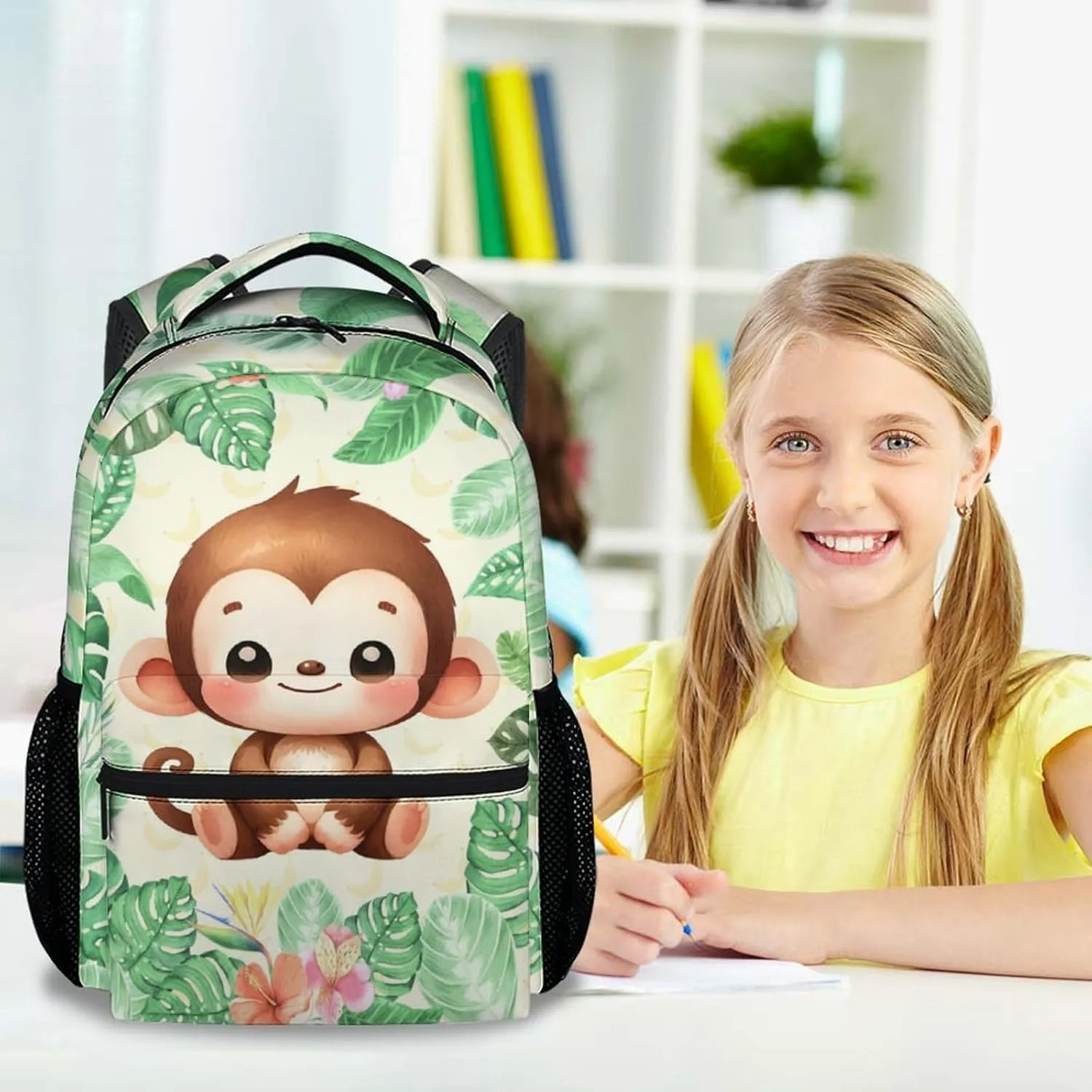 Monkey School Backpack for Boys - 17 Inch Green Backpacks for Kids 6-8 Years - Lightweight Cute Bookbag for Elementary