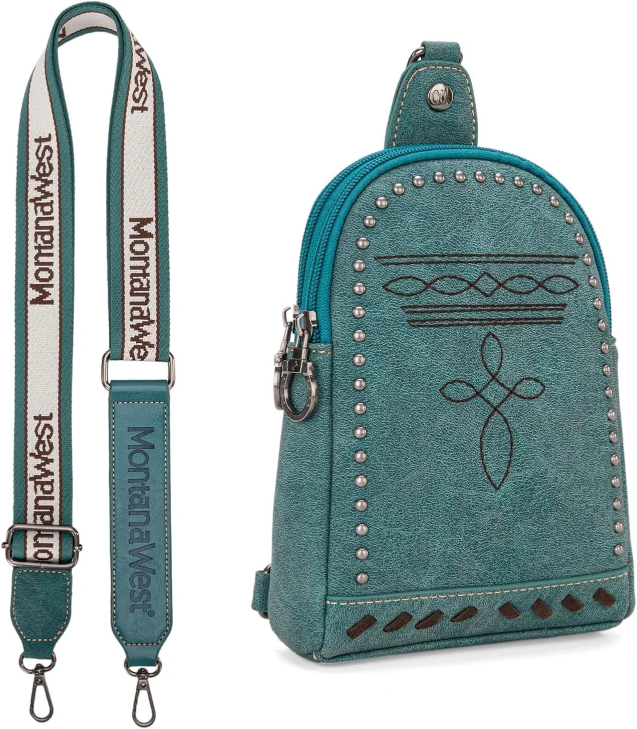 Montana West Longhorn Western Sling Bag for Women Whipstitch Fanny Packs for Women Cross Body Purse with Wide Guitar Strap