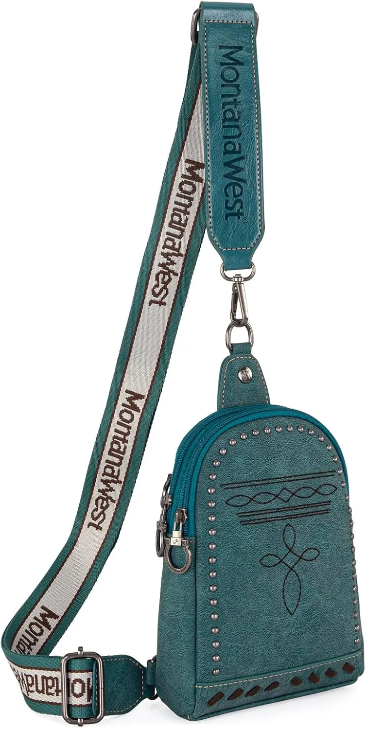Montana West Longhorn Western Sling Bag for Women Whipstitch Fanny Packs for Women Cross Body Purse with Wide Guitar Strap