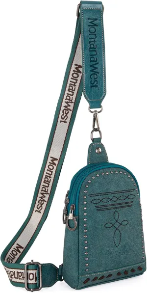 Montana West Longhorn Western Sling Bag for Women Whipstitch Fanny Packs for Women Cross Body Purse with Wide Guitar Strap
