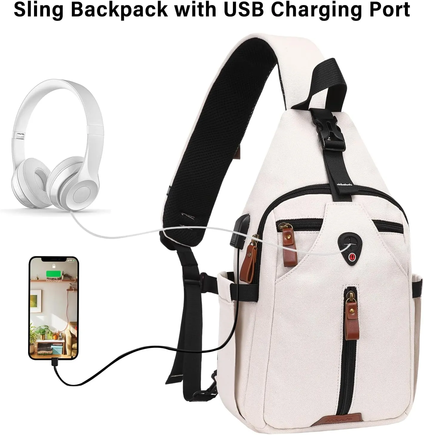MOSISO Sling Backpack Travel Hiking Daypack, Vintage Canvas Crossbody Sling Chest Bag with USB Charging Port&Removable Strap