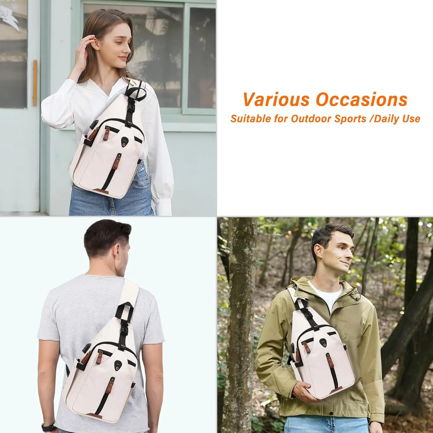 MOSISO Sling Backpack Travel Hiking Daypack, Vintage Canvas Crossbody Sling Chest Bag with USB Charging Port&Removable Strap