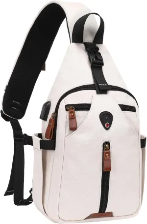 MOSISO Sling Backpack Travel Hiking Daypack, Vintage Canvas Crossbody Sling Chest Bag with USB Charging Port&Removable Strap