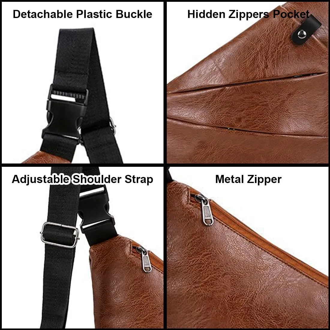 Muka Sling Bag for Women Men, PU Chest Bag Large Capacity Sling Pack Cross Body Bag with 3 Pockets