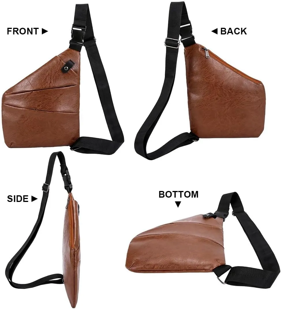 Muka Sling Bag for Women Men, PU Chest Bag Large Capacity Sling Pack Cross Body Bag with 3 Pockets