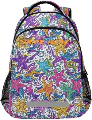 Multicolored Cartoon Abstract Starfish customized name backpack for girls kids 8 year old with large personalized name tag books bag for 6th grade school boys girls mochilitas para ni?os