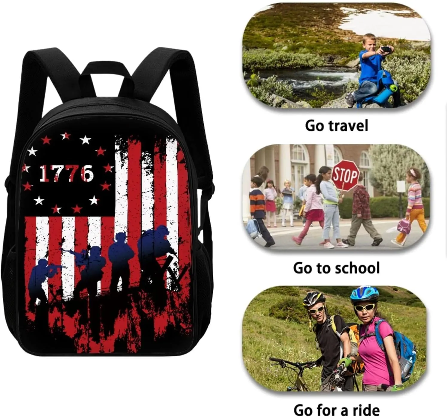 Mumeson 1776 Flag Backpack Kids School Backpack 3 Pack Set Back to School Backpack Set School Supplies Daypack with Lunch Bag Zipper Closure Pencil Case