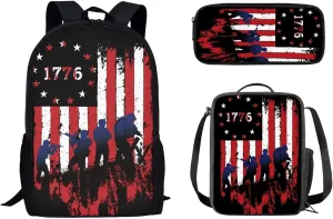 Mumeson 1776 Flag Backpack Kids School Backpack 3 Pack Set Back to School Backpack Set School Supplies Daypack with Lunch Bag Zipper Closure Pencil Case