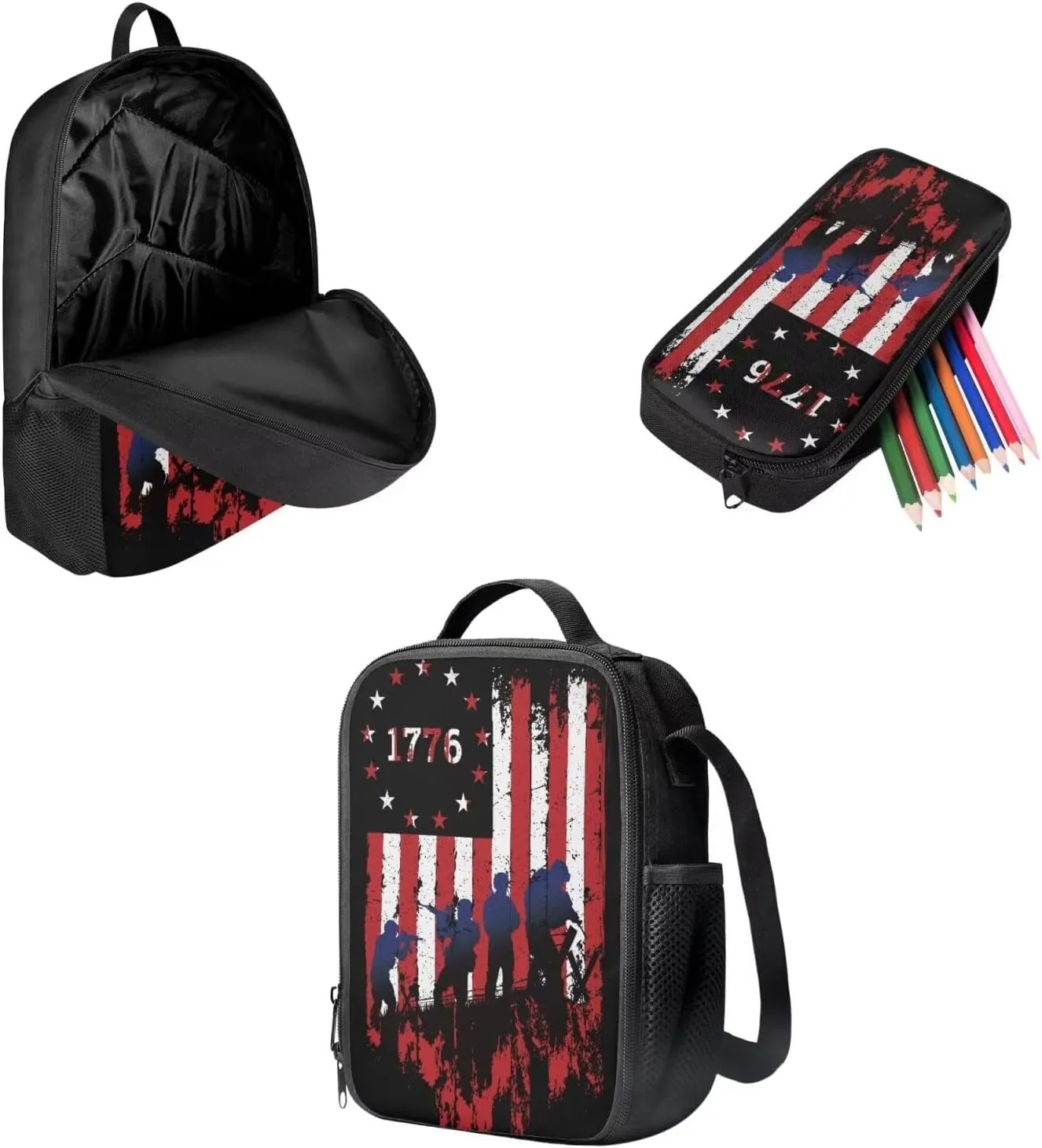 Mumeson 1776 Flag Backpack Kids School Backpack 3 Pack Set Back to School Backpack Set School Supplies Daypack with Lunch Bag Zipper Closure Pencil Case