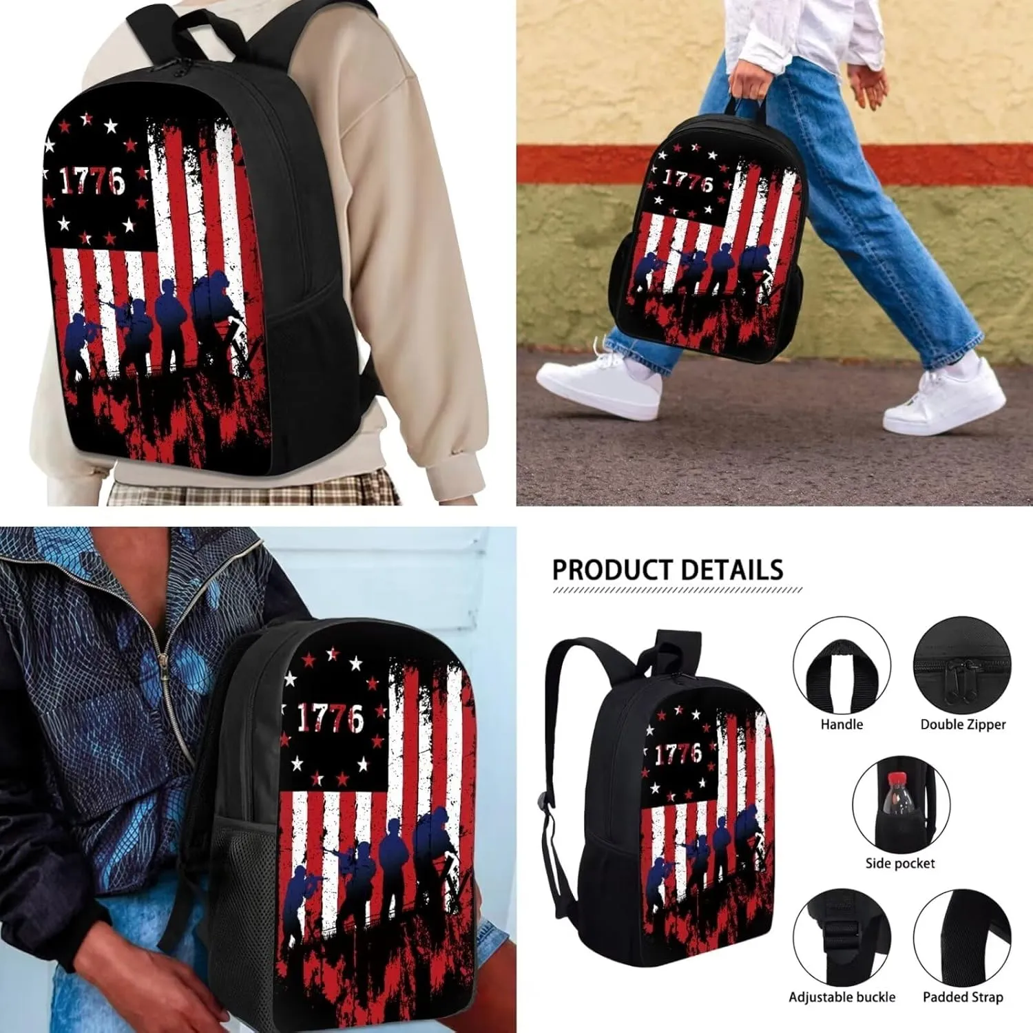 Mumeson 1776 Flag Backpack Kids School Backpack 3 Pack Set Back to School Backpack Set School Supplies Daypack with Lunch Bag Zipper Closure Pencil Case