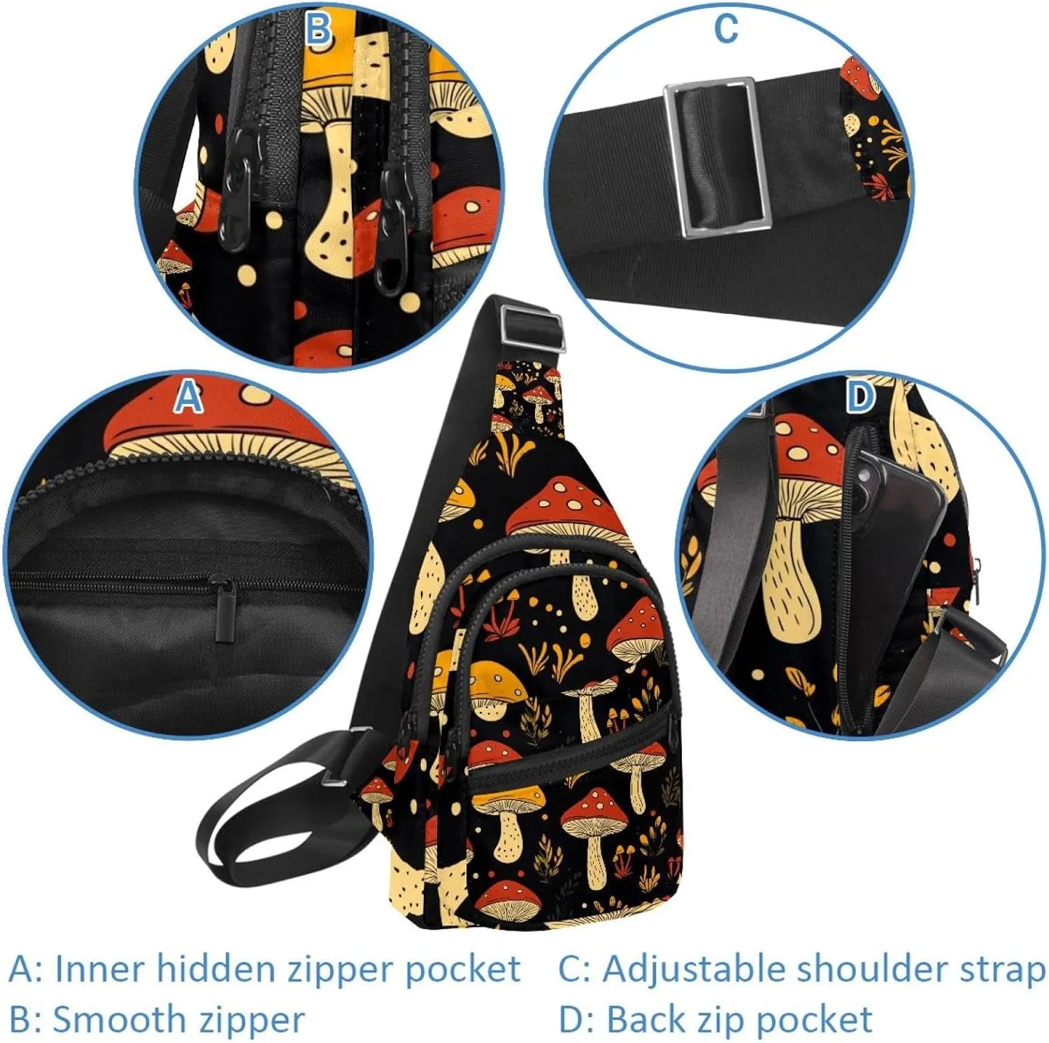 mushroom Crossbody Sling Backpack Sling Bag Travel Hiking Chest Bag Daypack