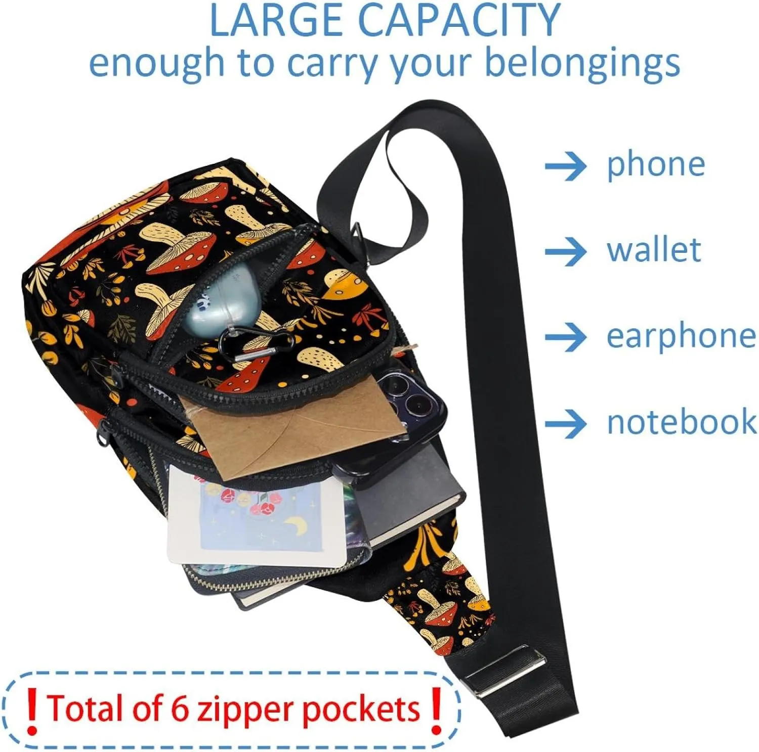 mushroom Crossbody Sling Backpack Sling Bag Travel Hiking Chest Bag Daypack