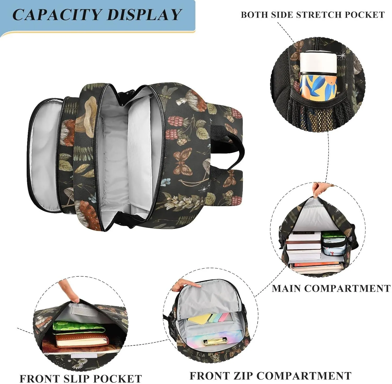 Mushroom Dragonfly Butterfly Backpack for Women Men, Large Student School Bookbag 15.6 in Laptop Bag Purse Travel Casual Daypack