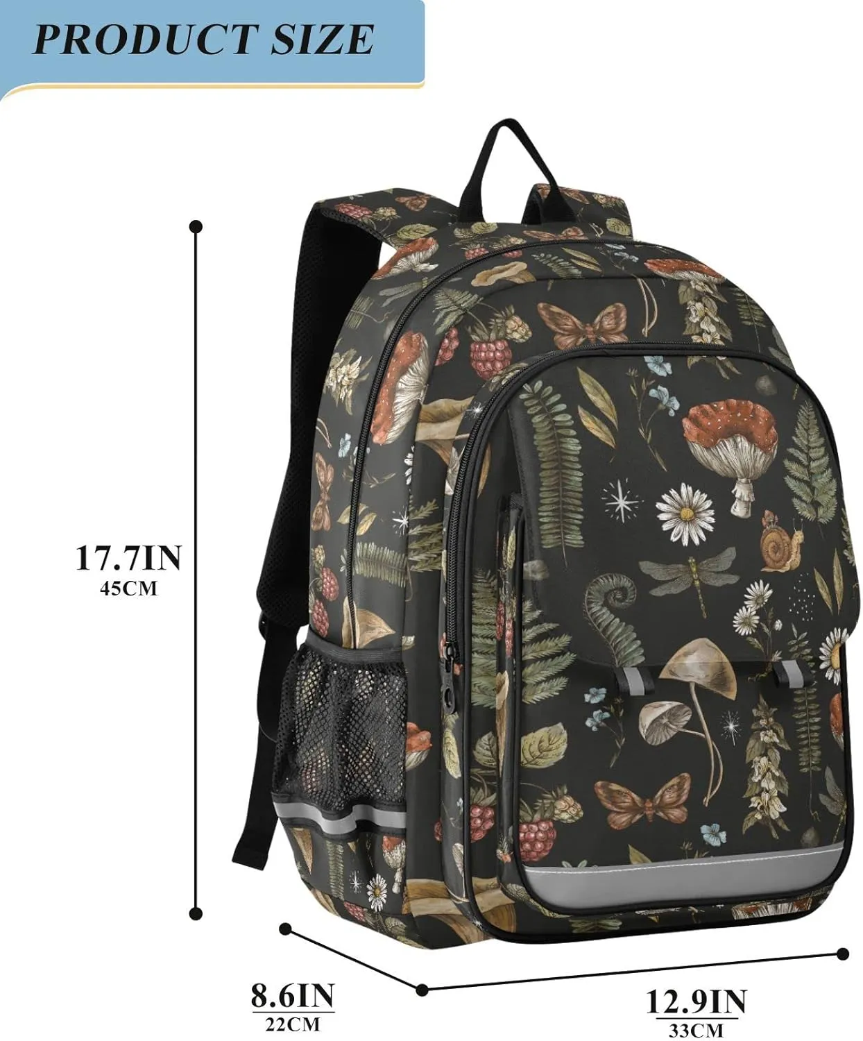 Mushroom Dragonfly Butterfly Backpack for Women Men, Large Student School Bookbag 15.6 in Laptop Bag Purse Travel Casual Daypack