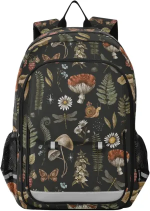 Mushroom Dragonfly Butterfly Backpack for Women Men, Large Student School Bookbag 15.6 in Laptop Bag Purse Travel Casual Daypack