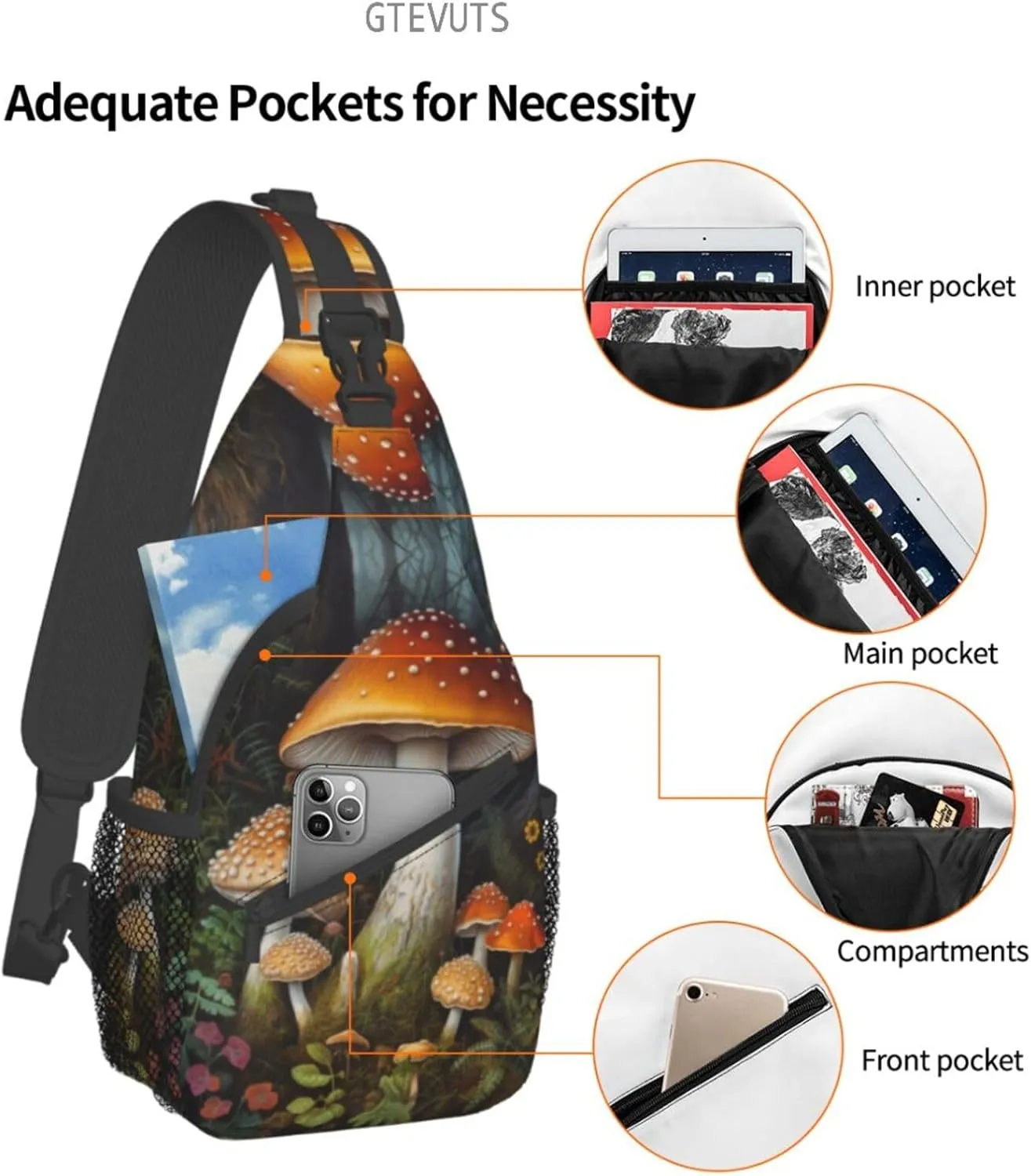 Mushroom Sling Backpack Chest Bag Crossbody Shoulder Bag Gym Cycling Travel Hiking Daypack For Men Women