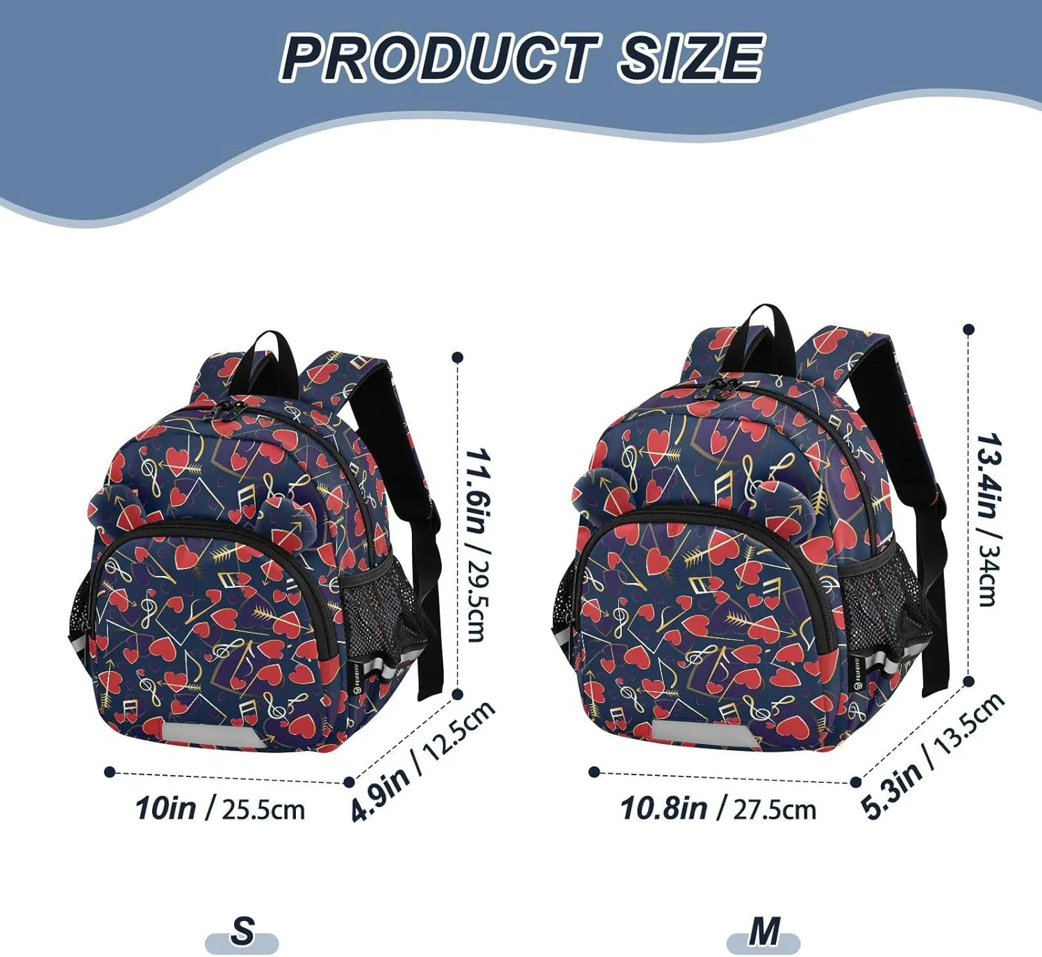 Music Notes Hearts Preschool Backpack Golden Daycare Bookbag School Backpack with Traction Rope for Kids 3-6