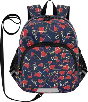 Music Notes Hearts Preschool Backpack Golden Daycare Bookbag School Backpack with Traction Rope for Kids 3-6