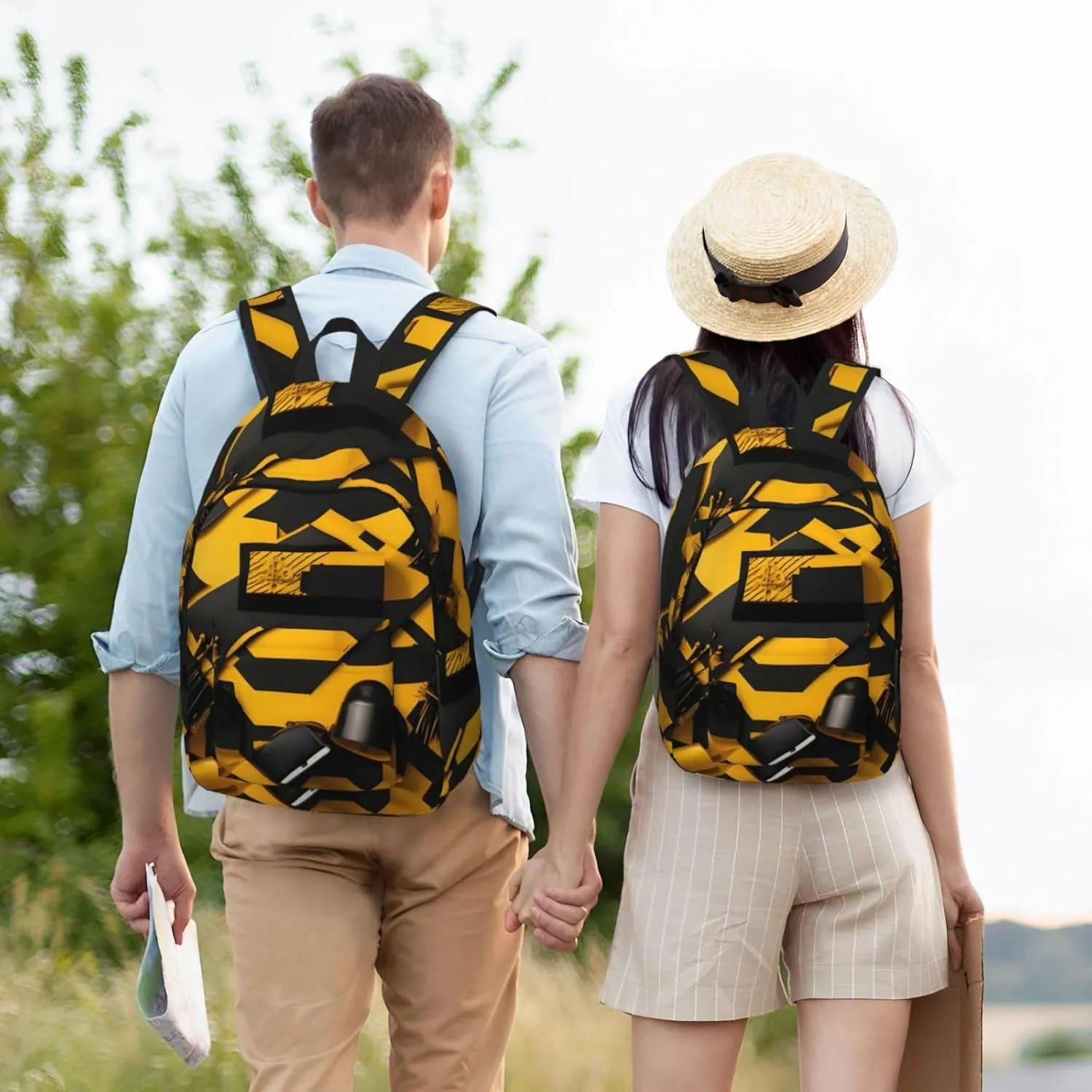 Mustard Yellow And Black Print Canvas Laptop Backpack Outdoor Casual Travel Bag Daypack Book Bag For Men Women