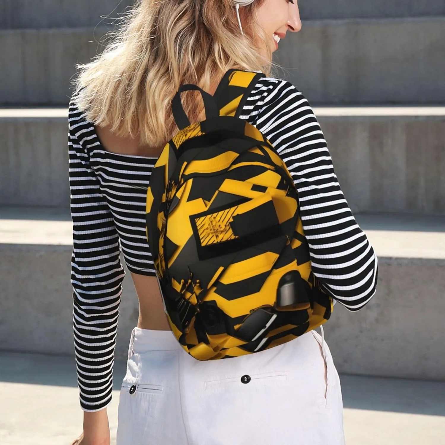 Mustard Yellow And Black Print Canvas Laptop Backpack Outdoor Casual Travel Bag Daypack Book Bag For Men Women