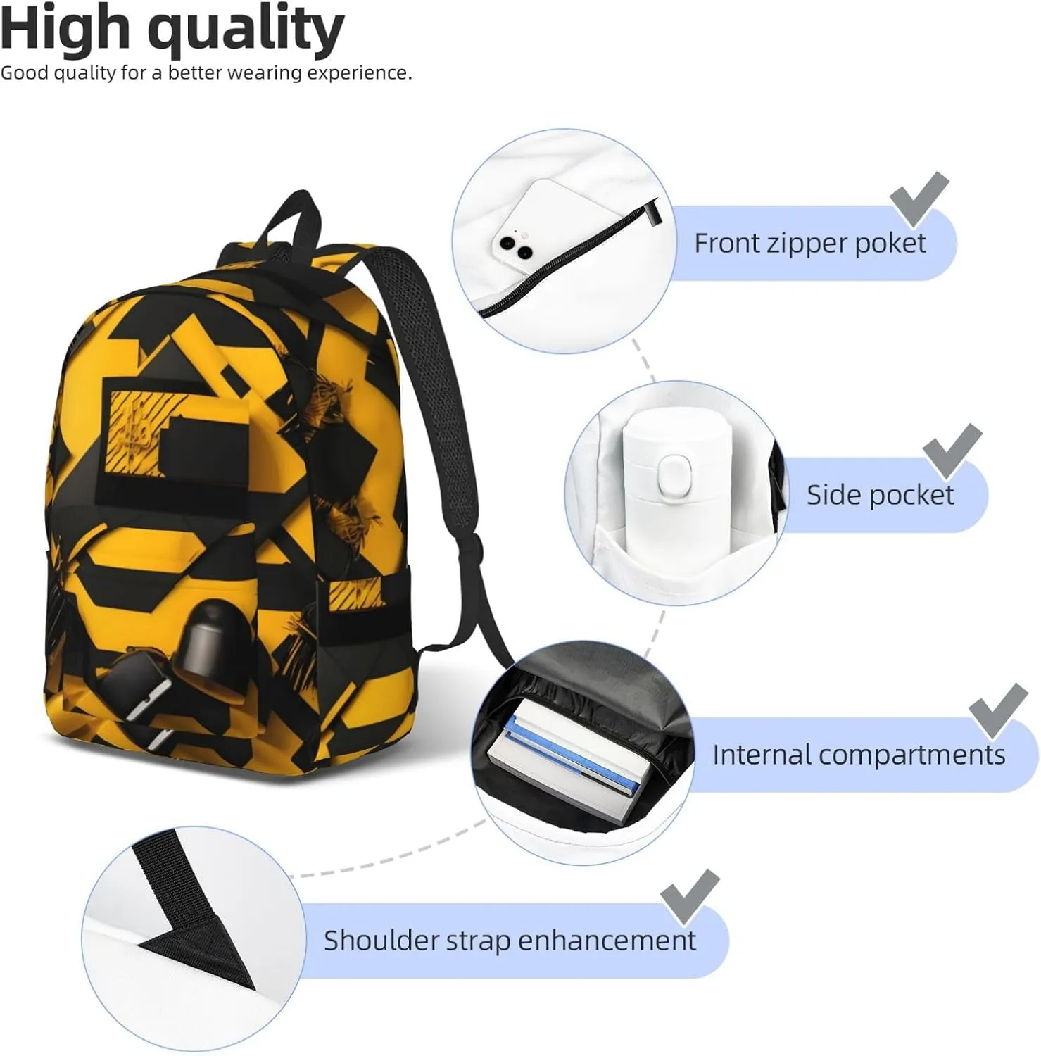 Mustard Yellow And Black Print Canvas Laptop Backpack Outdoor Casual Travel Bag Daypack Book Bag For Men Women