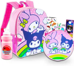 My Melody and Kuromi Backpack with Lunch Box - Bundle with 16” Sanrio School Backpack, Lunch Bag, Water Bottle, Stickers | My Melody and Kuromi School Bag