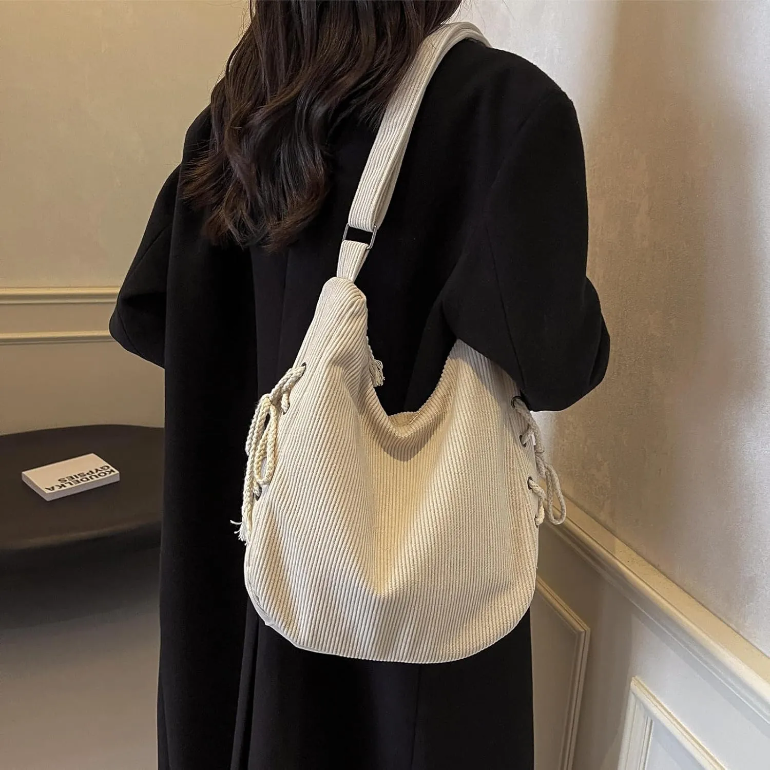 MYHOZEE Corduroy Crossbody Bags for Women Slouchy Hobo Bag Shoulder Bag Large Crescent Cross Body Bag Purses for Woman Zipper