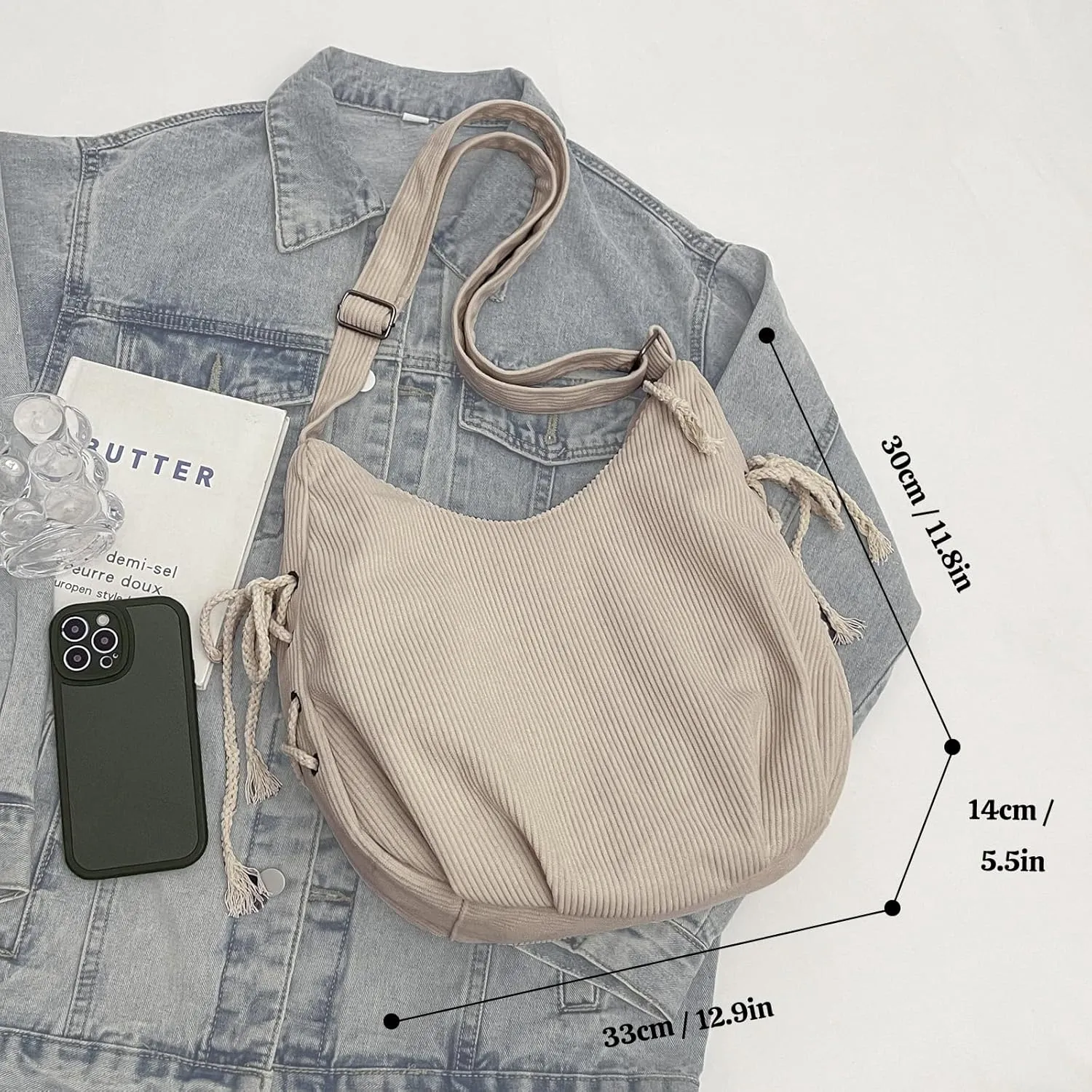 MYHOZEE Corduroy Crossbody Bags for Women Slouchy Hobo Bag Shoulder Bag Large Crescent Cross Body Bag Purses for Woman Zipper