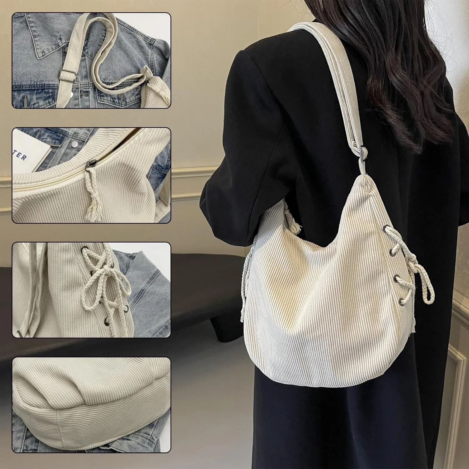MYHOZEE Corduroy Crossbody Bags for Women Slouchy Hobo Bag Shoulder Bag Large Crescent Cross Body Bag Purses for Woman Zipper
