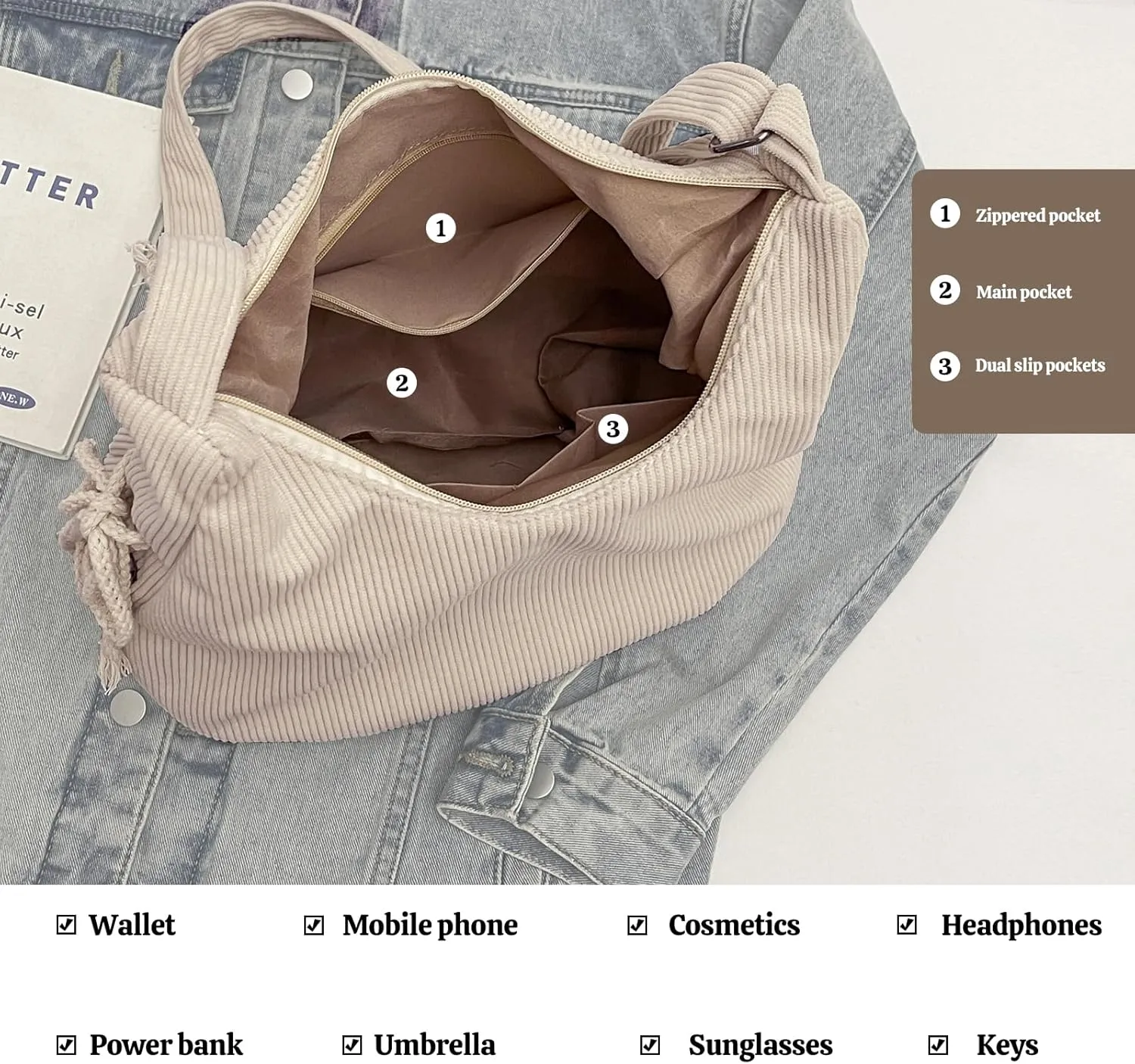 MYHOZEE Corduroy Crossbody Bags for Women Slouchy Hobo Bag Shoulder Bag Large Crescent Cross Body Bag Purses for Woman Zipper