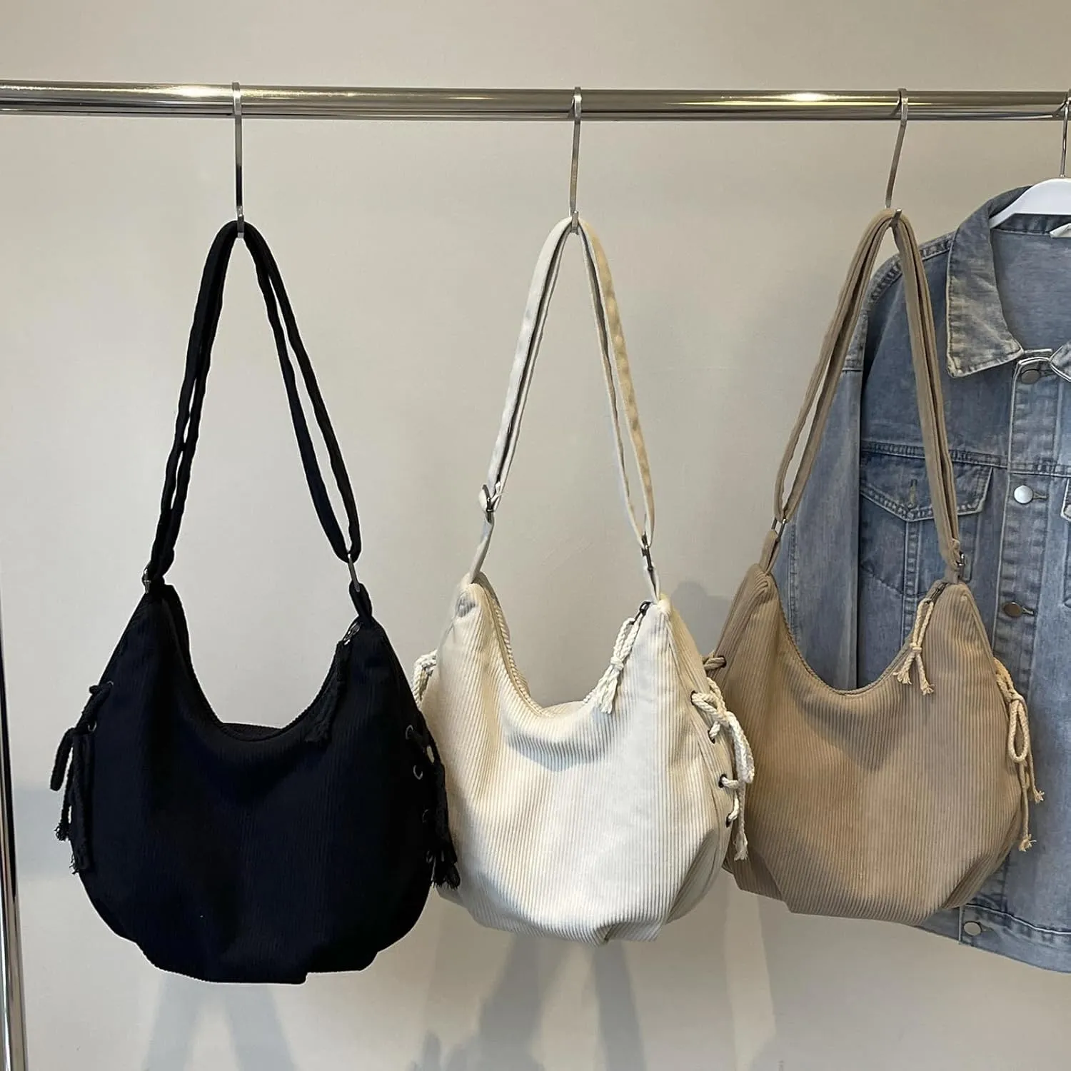 MYHOZEE Corduroy Crossbody Bags for Women Slouchy Hobo Bag Shoulder Bag Large Crescent Cross Body Bag Purses for Woman Zipper