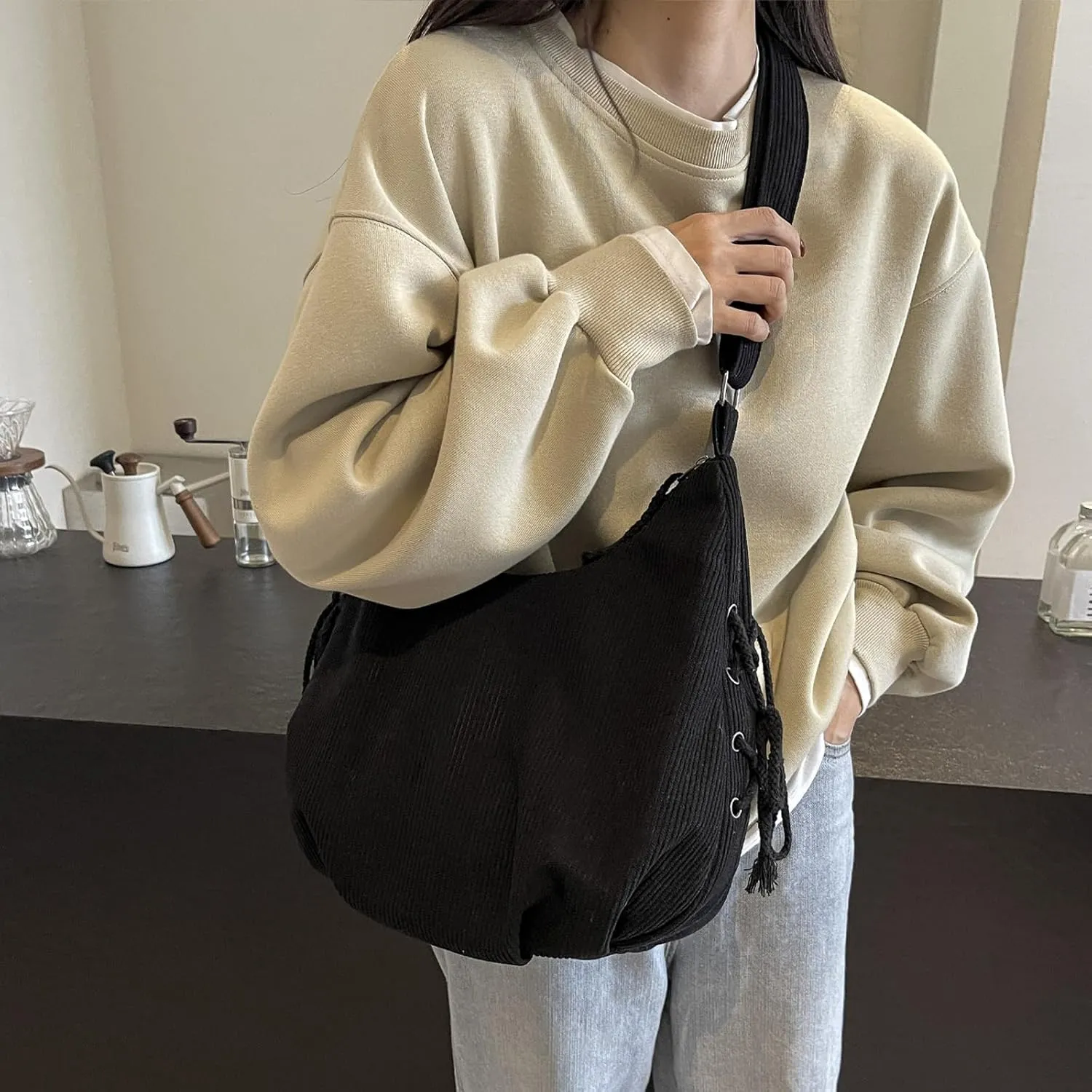 MYHOZEE Corduroy Crossbody Bags for Women Slouchy Hobo Bag Shoulder Bag Large Crescent Cross Body Bag Purses for Woman Zipper