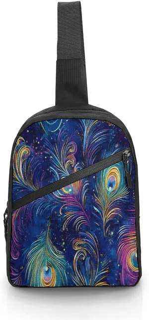 Mystical Peacock Feathers Chest Bag Foldable Crossbody Unisex Pack Travel Hiking Adjustable Shoulder Straps Sling Bags