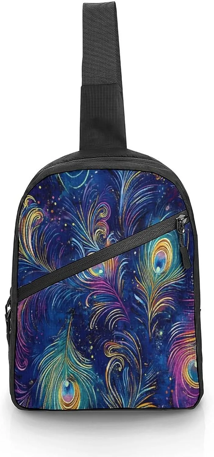 Mystical Peacock Feathers Chest Bag Foldable Crossbody Unisex Pack Travel Hiking Adjustable Shoulder Straps Sling Bags