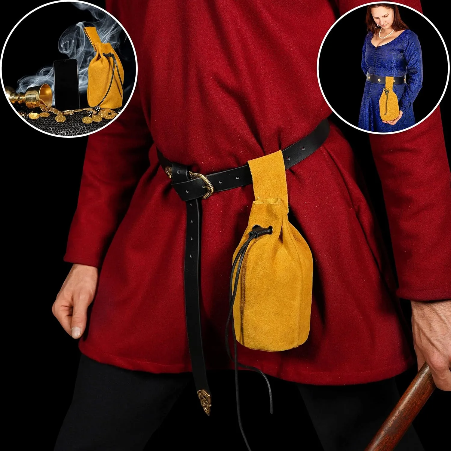 Mythrojan Medieval Drawstring Belt Bag, Ideal for SCA LARP Reenactment & Ren Fair