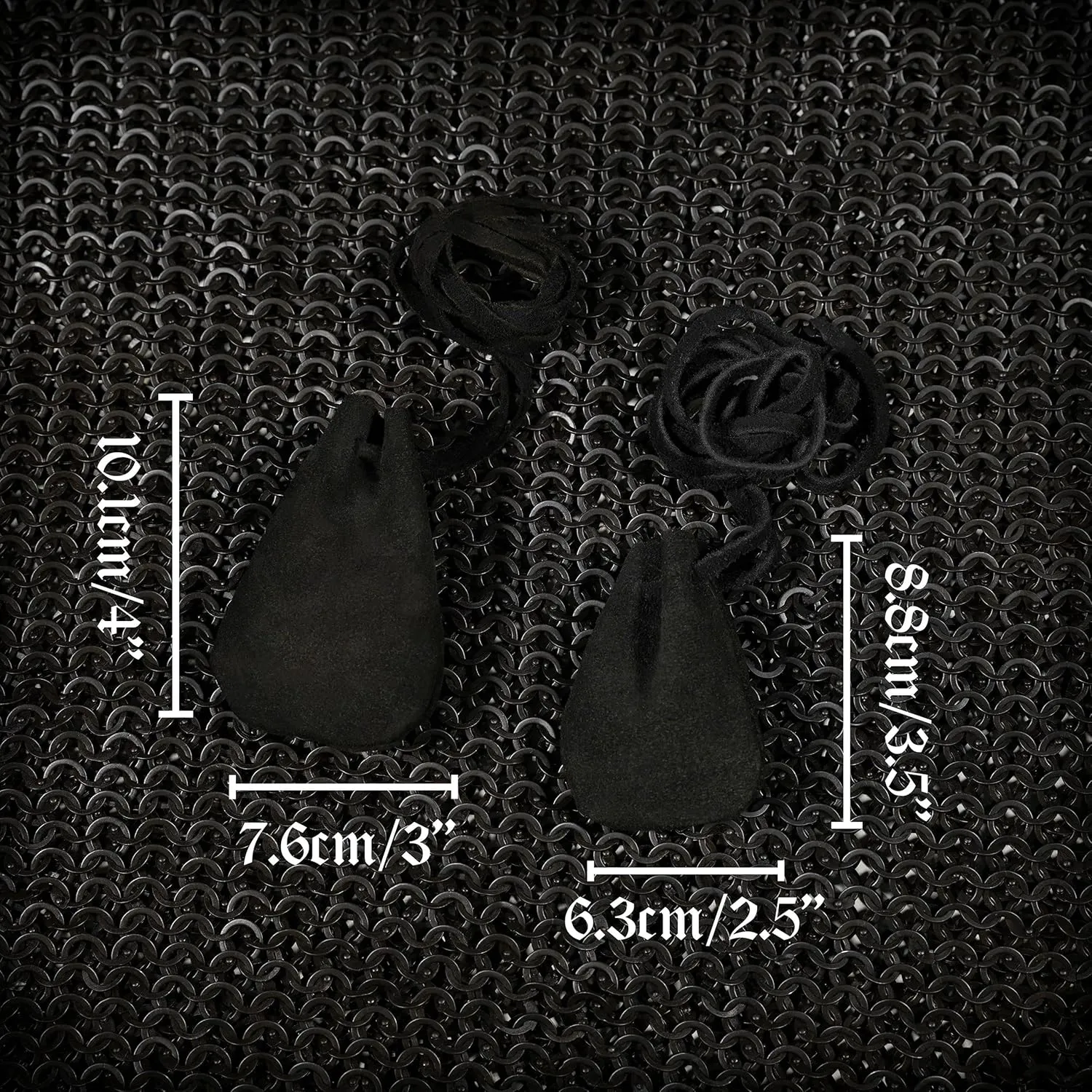 Mythrojan Trinket Bags, Coin Dice Medieval Purses, Drawstring Medicine Bag Suede Leather Pouches Viking Knight Waist Pouch for Historical Reenactments, LARP, SCA, Medieval Events - Set of 2, Black
