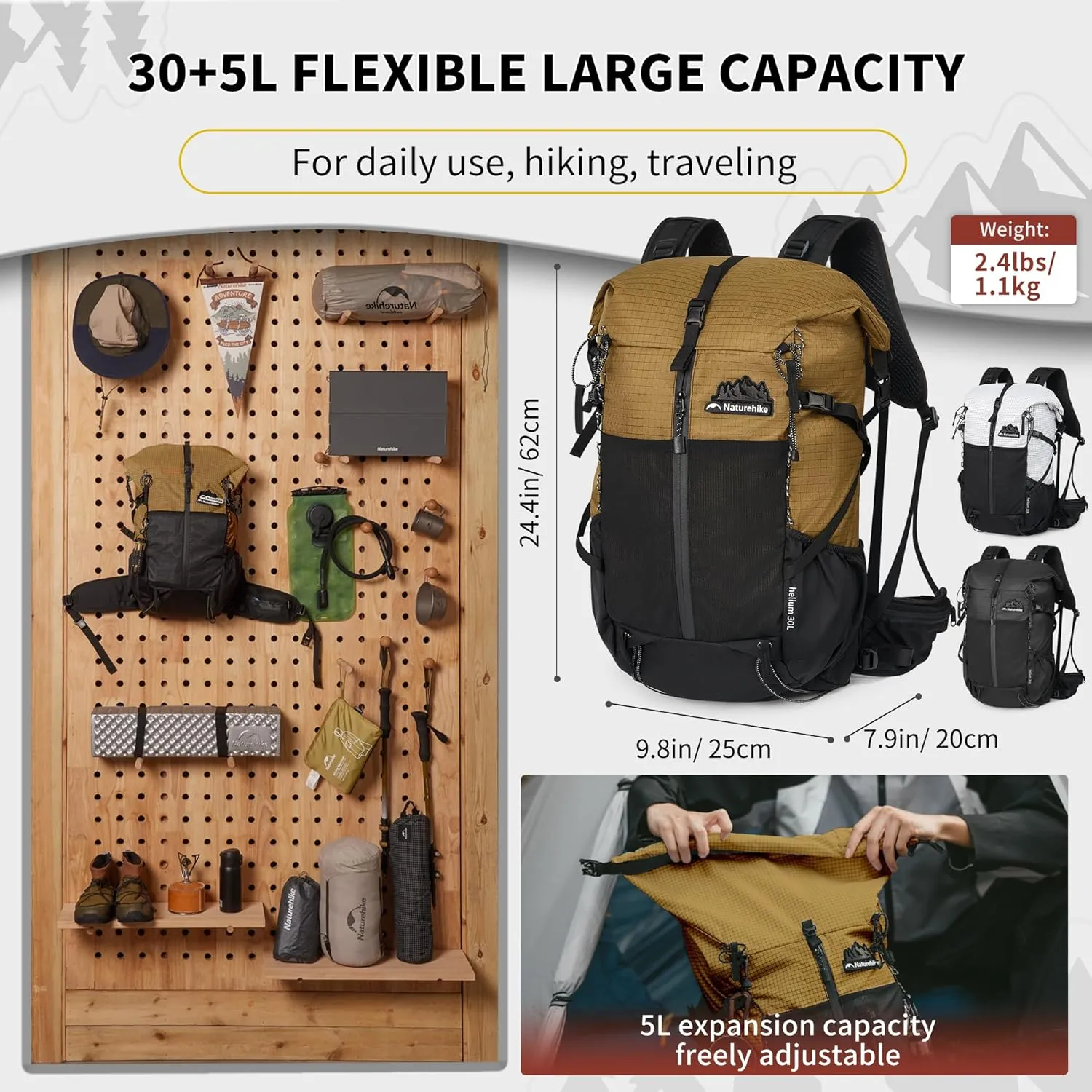 Naturehike Hiking Backpack, 30 5L Travel Backpack with Macromolecule Fabric, Hiking Daypack with AIR Backpack System for Women Men