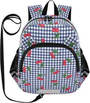 Navy Blue Check Preschool Backpack Cherries Daycare Bookbag School Backpack with Traction Rope for Kids 3-6