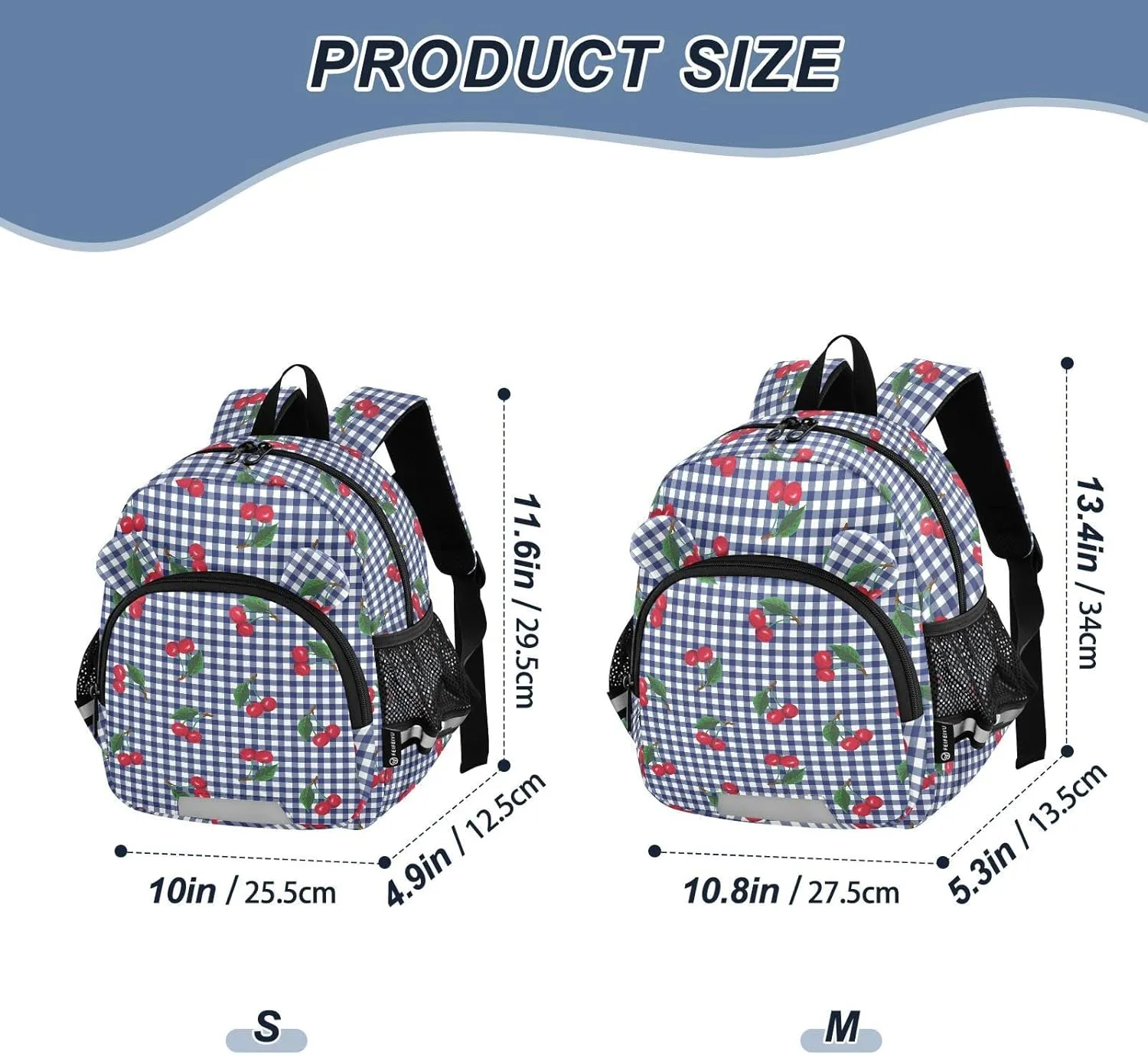 Navy Blue Check Preschool Backpack Cherries Daycare Bookbag School Backpack with Traction Rope for Kids 3-6