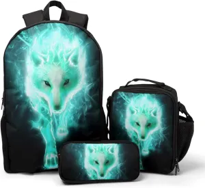 Nerxy Cool Cyan Wolf Backpack Set with Lunchbox Pencil Case 3 in 1 Girls Boys Lightweight Durable School Bags Kids Bookbags Organizer Storage Bag