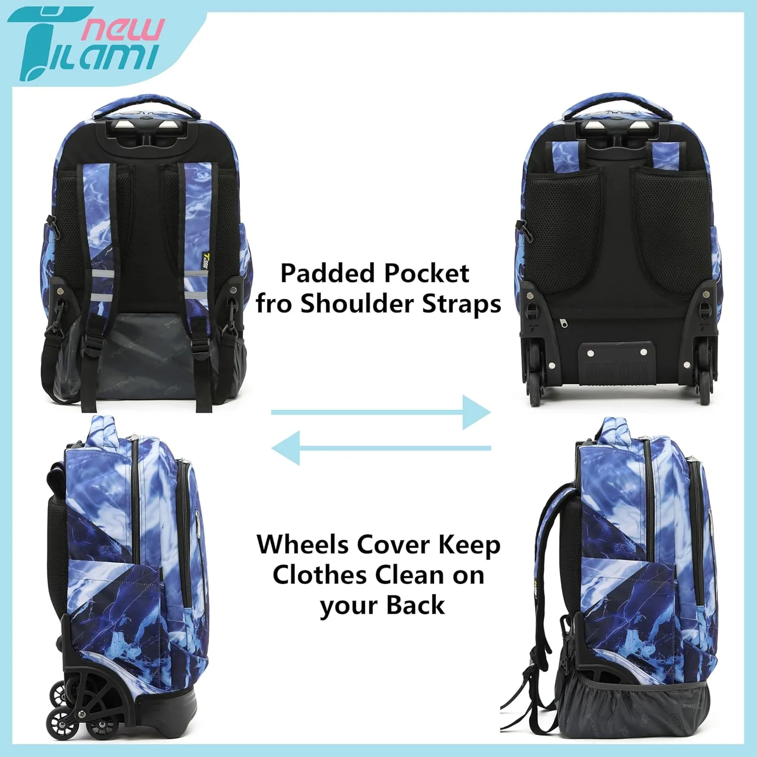 NEW TILAMI 18 Inch Rolling Backpack for kids Adjustable Strap Laptop Backpack Suitcase with Wheels for Girls Boys to School Travel Camping Rolling Backpack, Lightning Purple