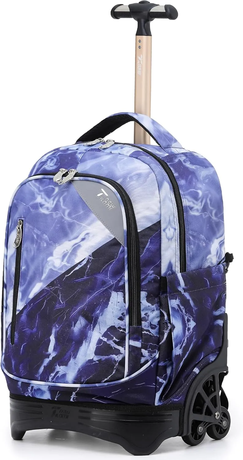 NEW TILAMI 18 Inch Rolling Backpack for kids Adjustable Strap Laptop Backpack Suitcase with Wheels for Girls Boys to School Travel Camping Rolling Backpack, Lightning Purple