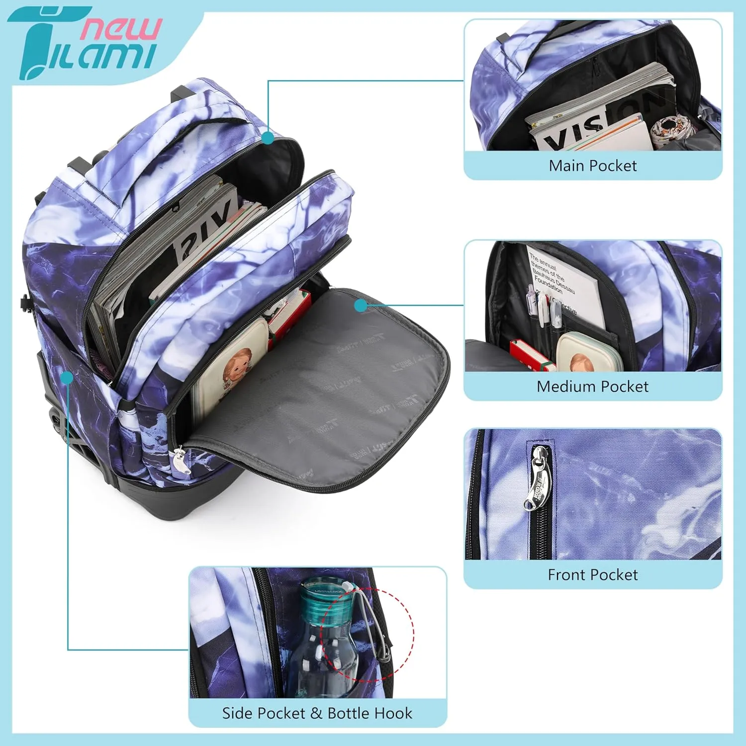 NEW TILAMI 18 Inch Rolling Backpack for kids Adjustable Strap Laptop Backpack Suitcase with Wheels for Girls Boys to School Travel Camping Rolling Backpack, Lightning Purple